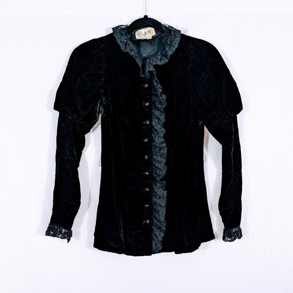 Vintage Tops - Vintage Jaks Black Velvet Witchy Button Down Lace Top Size 7